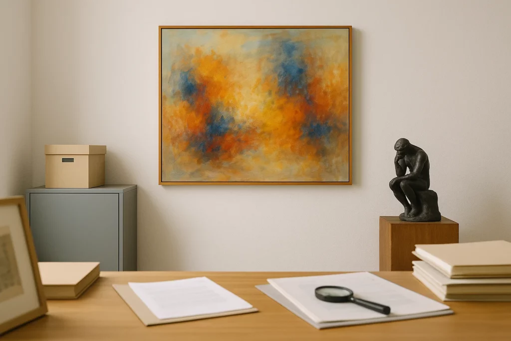 Tableau accroché au mur derrière un bureau avec une statuette sur le côté droit