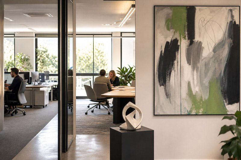 Bureau lumineux préparé pour la rentrée avec une œuvre d’art installée sur un mur et une équipe qui organise l’espace de travail.